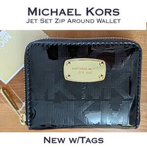 Michael Kors Jet Set Bifold Wallet Black Patent Monogram Logo Zip Around NEW